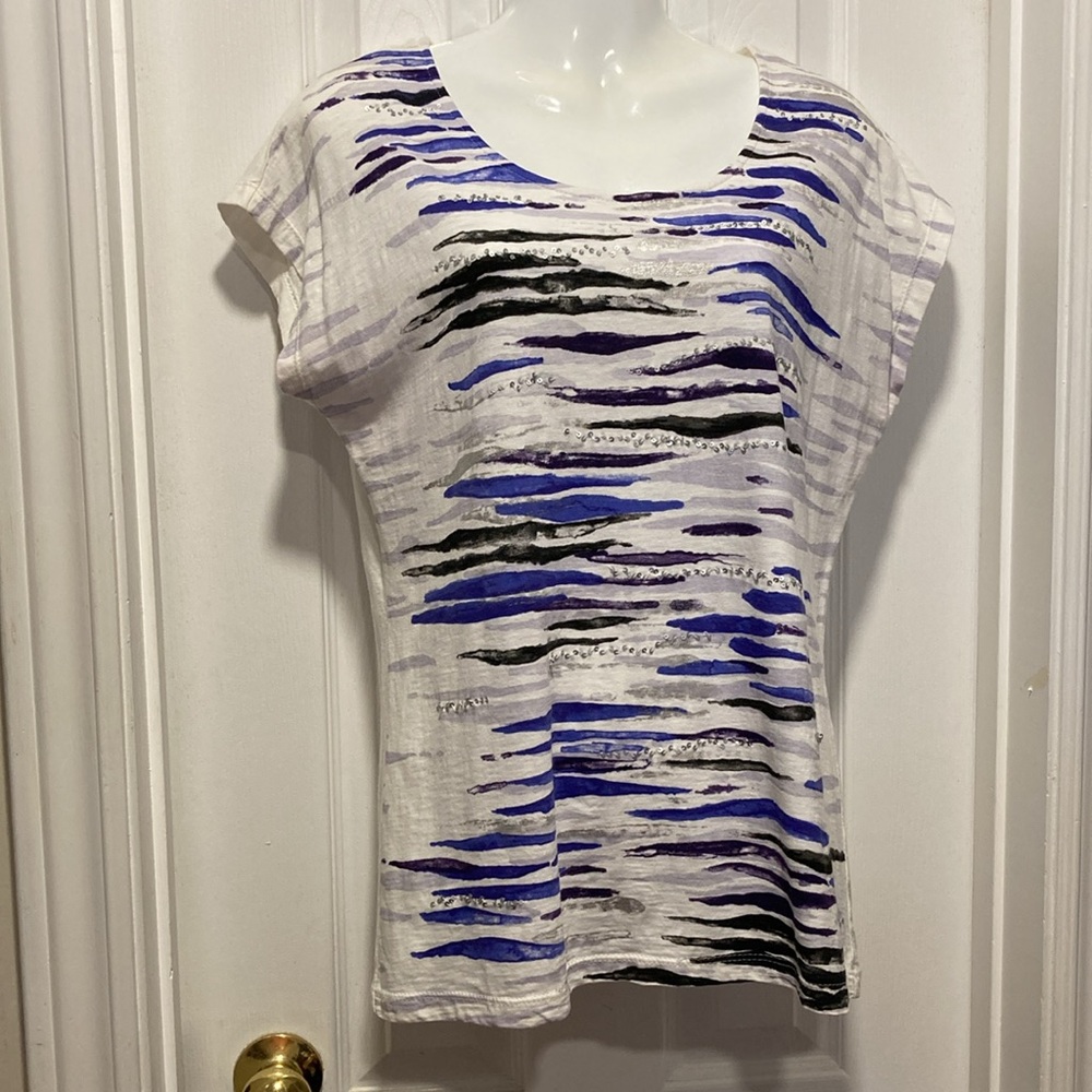 Chico's Purple White Silver Sequin Round Neck Cap Sleeve T-Shirt - Chico's Sz 0